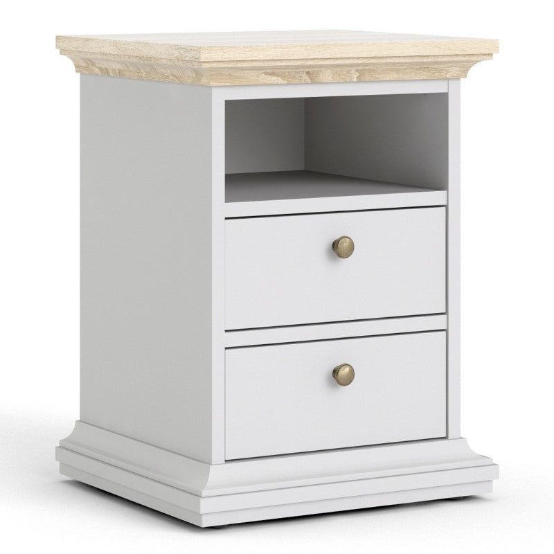 Paris Bed Side Table 2 Drawers in White and Oak - Home Leaf Furniture