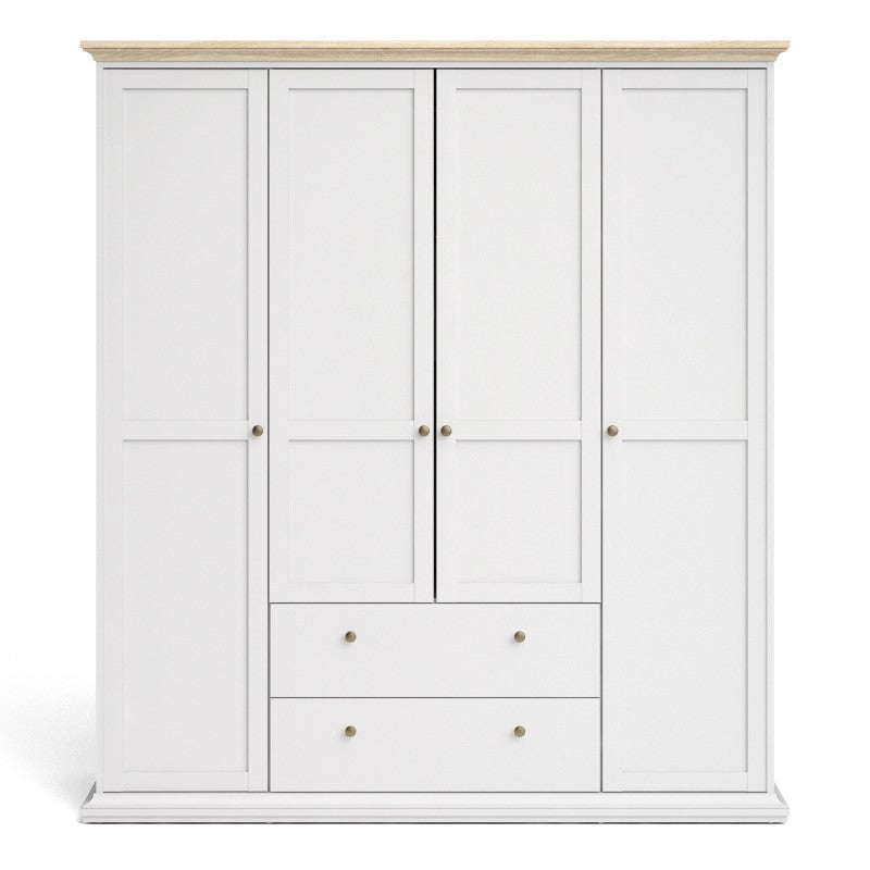 Paris Wardrobe with 4 Doors & 2 Drawers in White and Oak - Home Leaf Furniture